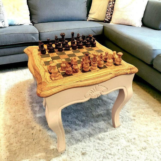 Irregular Shape Olive Wood Chess Table & Pieces With Metal Frame